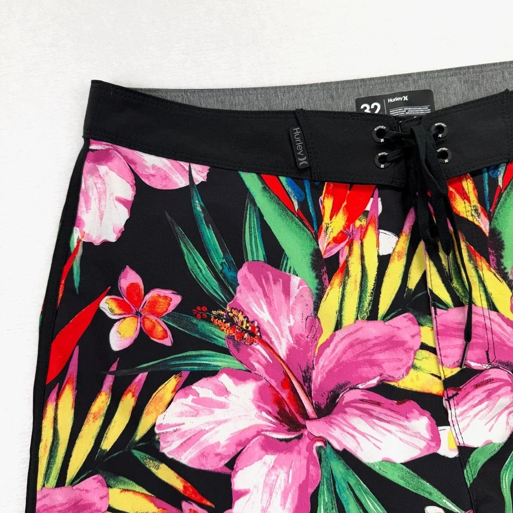 Hurley Phantom Board Shorts Mens 34 Black Pink Tropical Floral Hibiscus Stretch‎